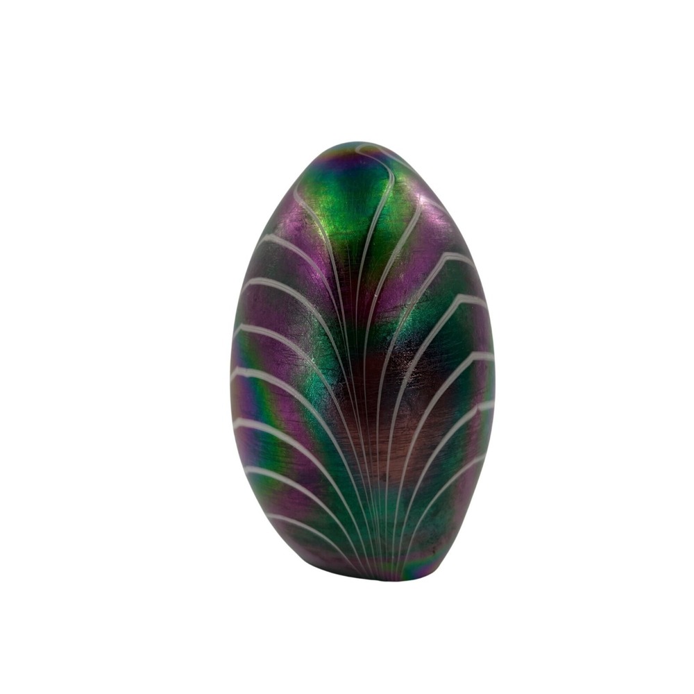 Handcrafted Iridescent Glass‎ Egg Paperweight With Engraved Design Art Glass
